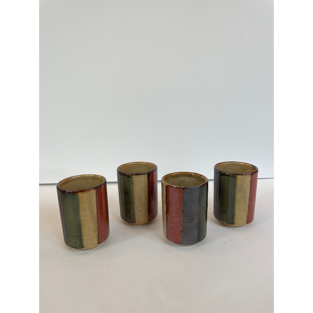 Vintage Japanese Otagiri OMC Yunomi‎ Tea Cups Striped Glazed Stoneware Set of 4